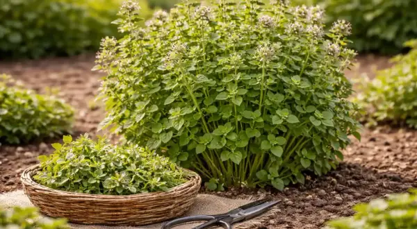 Un cespuglio rigoglioso di origano in fiore, pronto per la raccolta. Un cesto di origano appena tagliato e delle forbici giacciono sul terreno.