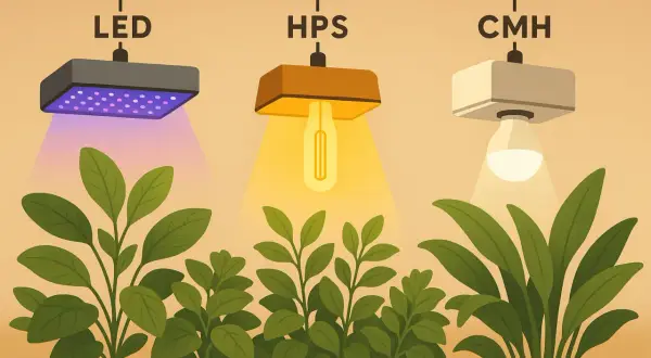 Tre tipi di luci (LED, HPS, CMH) illuminano piante in crescita, mostrando diverse spettri luminosi per la coltivazione indoor.