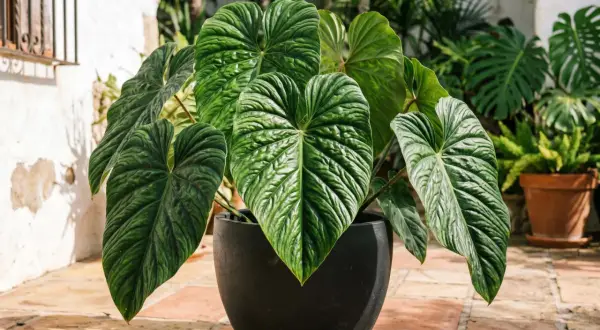 Un rigoglioso philodendron tortum con foglie verdi profonde e venature evidenti, in un vaso nero su un patio di terracotta.