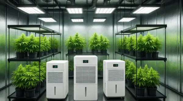 Tre deumidificatori per grow box in una stanza con piante di cannabis rigogliose sotto luci LED.