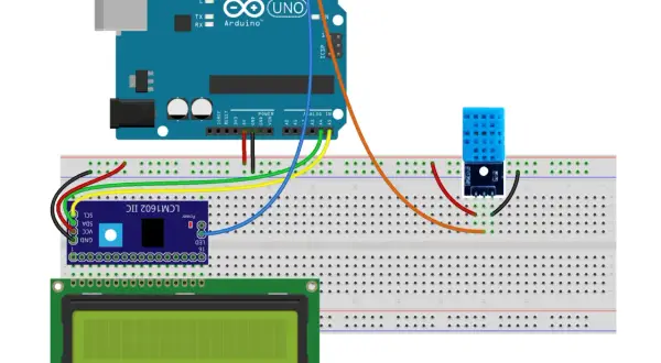 Circuito Arduino con sonda umidità e temperatura DHT11, display LCD 16x2 e breadboard.