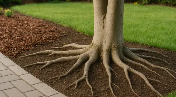 Radici verticali di un albero che si estendono sul terreno, con un bordo di pavimentazione e prato verde sullo sfondo.