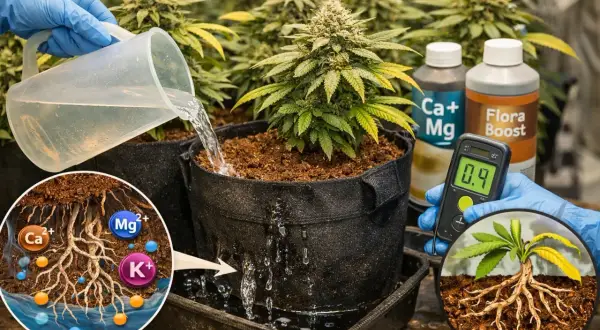 Coltivazione di piante con irrigazione e misurazione dei nutrienti. Un'immagine mostra le radici con calcio, magnesio e potassio, essenziali per una crescita aptus.