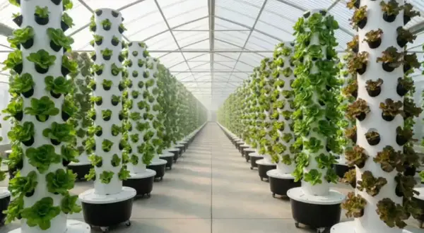 File di torri verticali con lattuga in una serra, un esempio di advanced hydroponics.