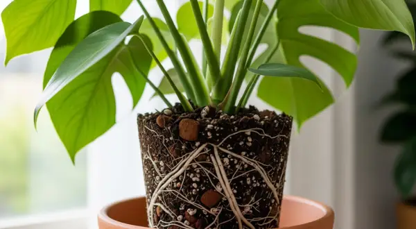 Radici sane e vigorose di una Monstera deliciosa che spuntano dal vaso, pronte a nutrirla per farla crescere rigogliosa.