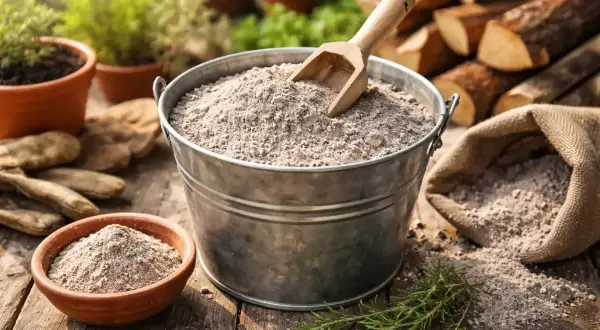 Un secchio di cenere, un fertilizzante naturale, pronto per nutrire le tue piante. La cenere fa bene alle piante, arricchendo il terreno.