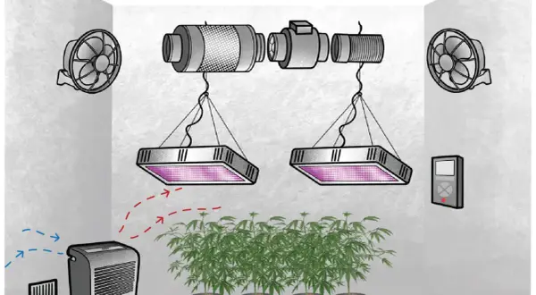 Sistema di coltivazione indoor con luci LED, ventilatori, estrattore e deumidificatore per controllare l'ambiente, specialmente quando l'umidità è alta.