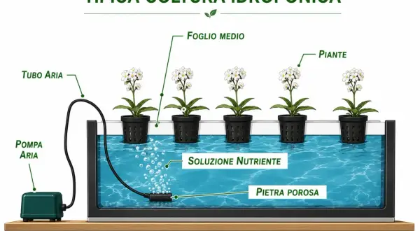 Sistema di piante in acqua fai da te: pompa aria, tubo, pietra porosa e soluzione nutriente ossigenano le piante in vaso.