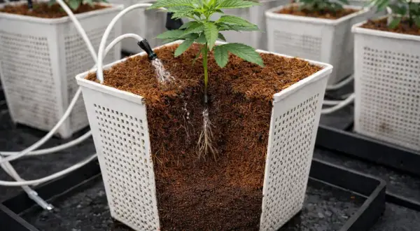 Piantina in vaso con sistema di irrigazione a goccia. Il substrato è composto da fibra di cocco, ideale per la crescita sana delle radici.