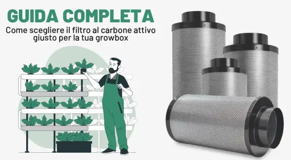 Guida alla scelta del giusto filtro a carbone attivo per la tua growbox. Un uomo cura le piante su scaffali, mentre diversi filtri sono in primo piano.