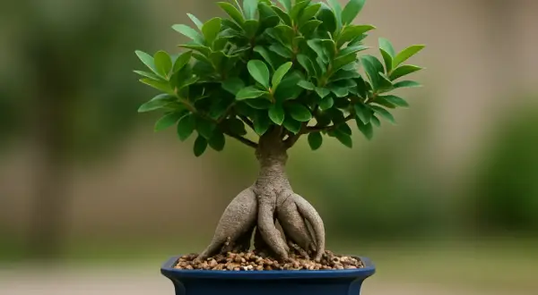 Un bonsai ficus con radici aeree evidenti in un vaso blu. Impara come curarlo per mantenerlo sano e rigoglioso.