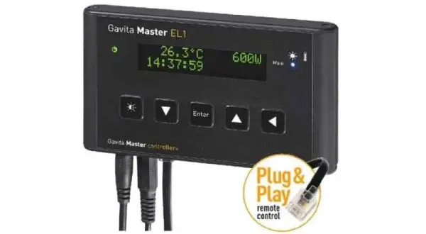 Un controller Gavita Master EL1, con display digitale che mostra temperatura e ora, pulsanti di controllo e cavi. Ideale per la gestione remota.