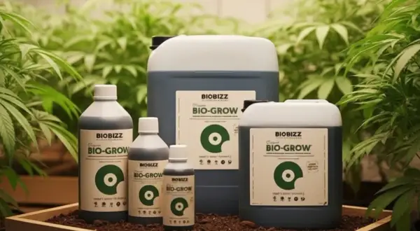 Bottiglie e taniche di fertilizzante BIOBIZZ BIO-GROW in un ambiente con piante verdi. Un light mix per la crescita.