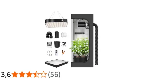 Kit per coltivazione indoor: tenda, lampada LED, ventilatore, filtro, timer, forbici e accessori. Tutto pronto per un eazy plug.