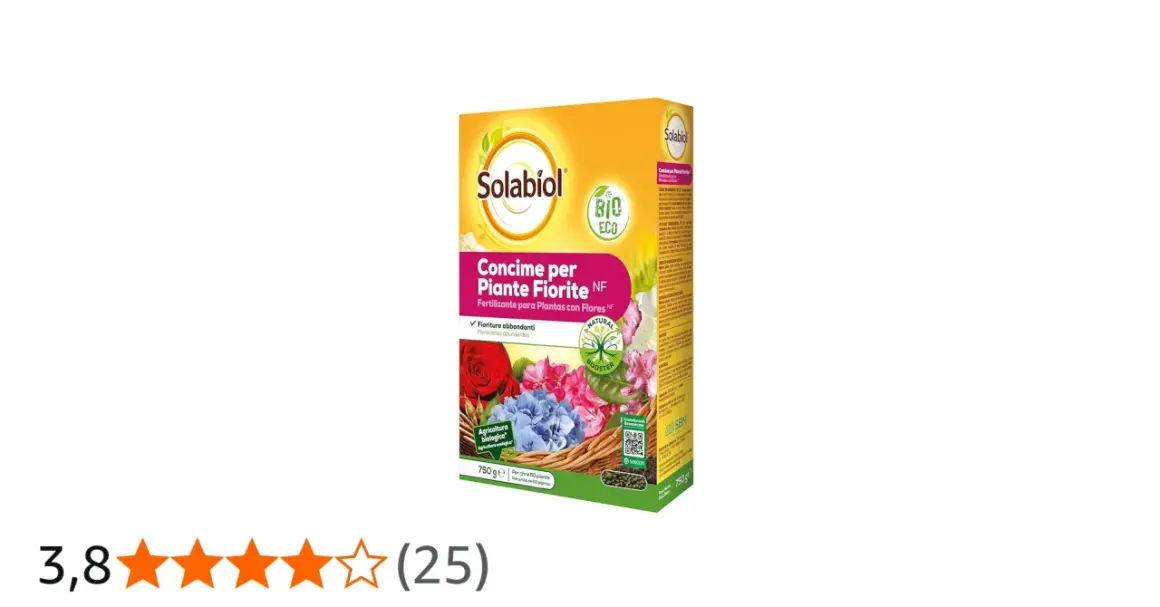 Confezione di concime Solabiol per piante fiorite, con logo BIO ECO e immagini di fiori. Ideale per fioriture abbondanti.