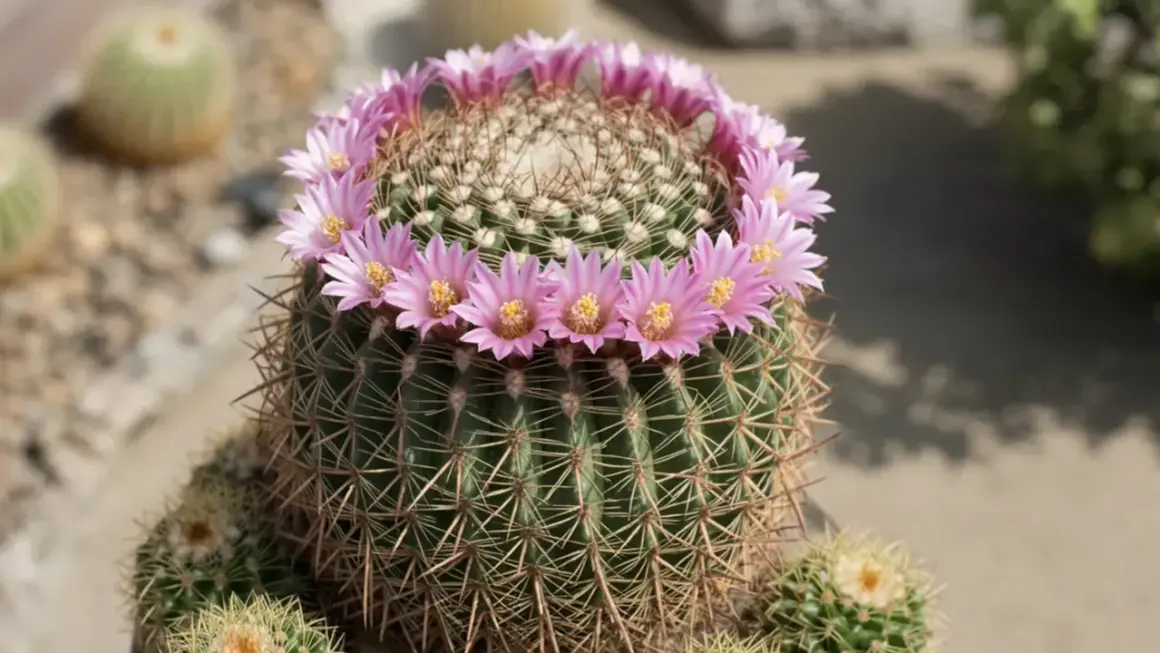Un cactus sferico con una corona di fiori rosa acceso. La terra bloom, un miracolo di resilienza e bellezza.