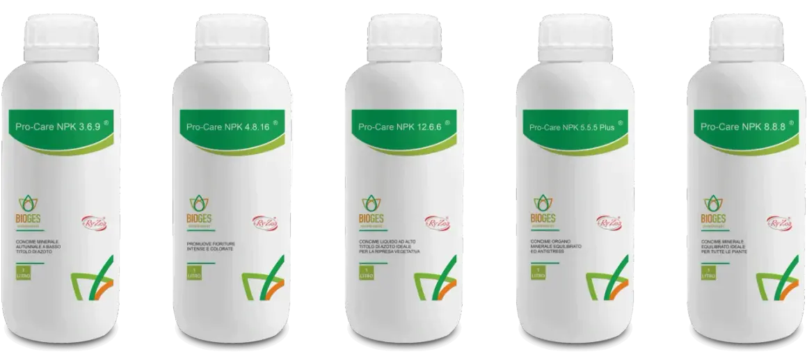 Cinque bottiglie di concime liquido Bioges Pro-Care NPK, con diverse formulazioni (3.6.9, 4.8.16, 12.6.6, 5.5.5, 8.8.8). Il npk significato è la composizione di azoto, fosforo e potassio.