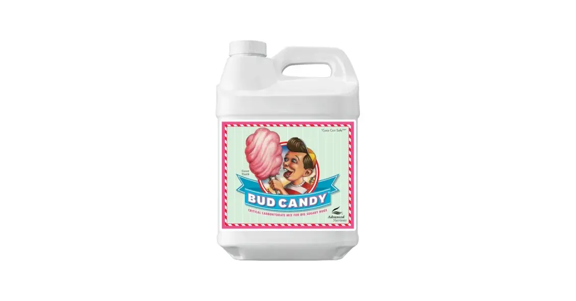 Flacone bianco con etichetta "Bud Candy" e un bambino che mangia zucchero filato. Un mix di carboidrati per grandi raccolti.