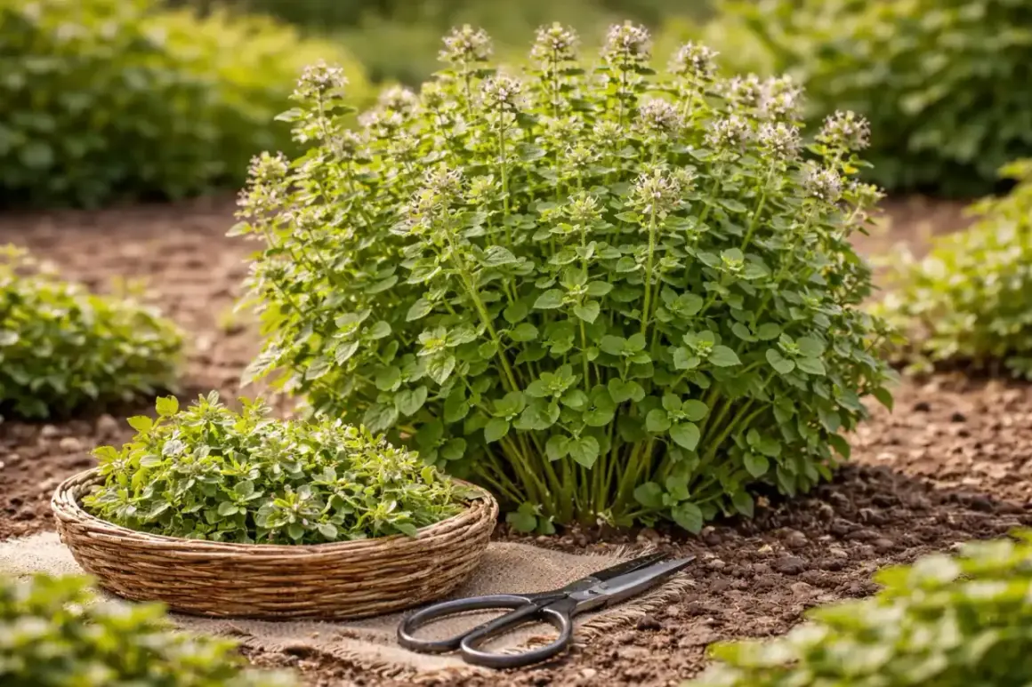 Un cespuglio rigoglioso di origano in fiore, pronto per la raccolta. Un cesto di origano appena tagliato e delle forbici giacciono sul terreno.