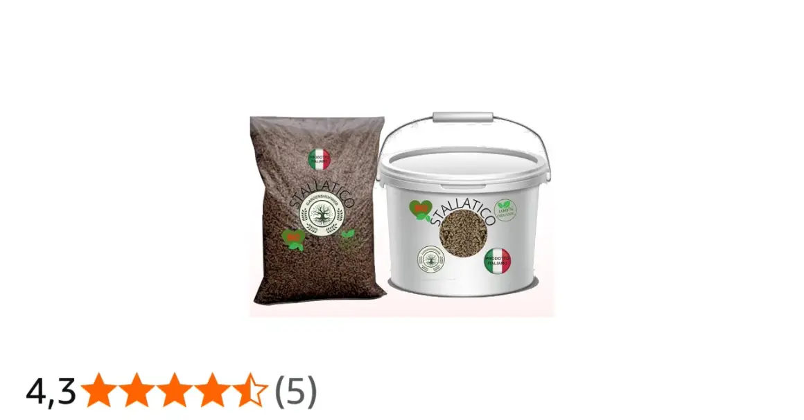 Sacchetto e secchio di stallatico pellettato, prodotto italiano. Attenzione: lo stallatico pellettato brucia le radici se usato in eccesso.