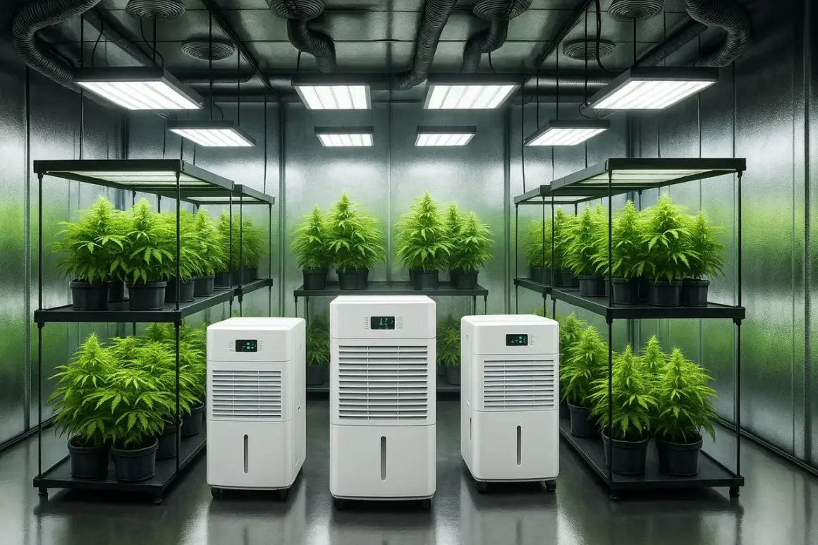 Tre deumidificatori per grow box in una stanza con piante di cannabis rigogliose sotto luci LED.