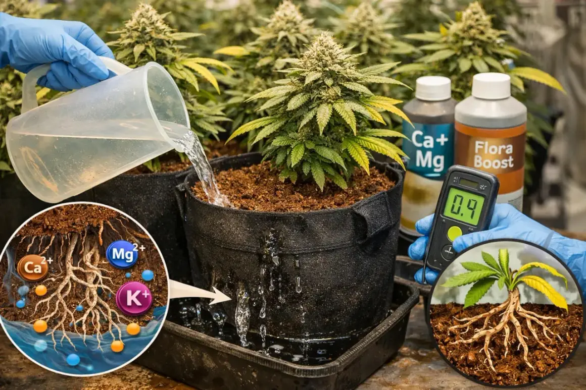 Coltivazione di piante con irrigazione e misurazione dei nutrienti. Un'immagine mostra le radici con calcio, magnesio e potassio, essenziali per una crescita aptus.