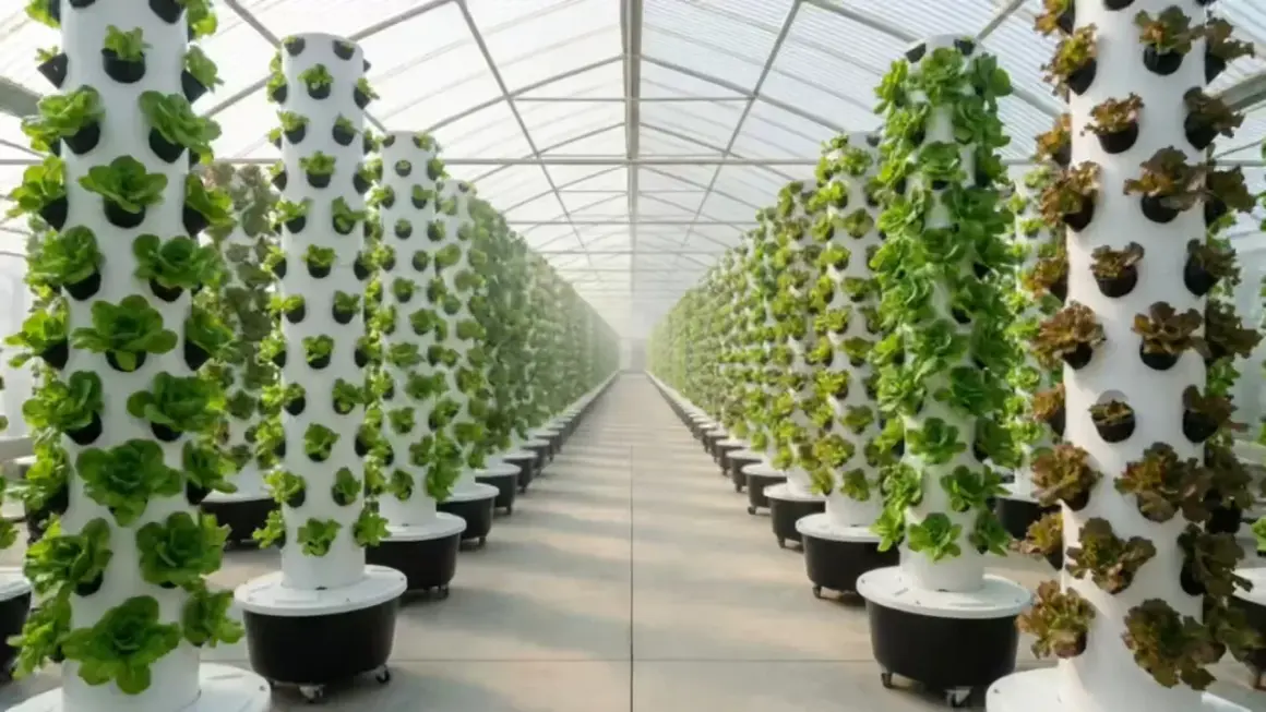 File di torri verticali con lattuga in una serra, un esempio di advanced hydroponics.