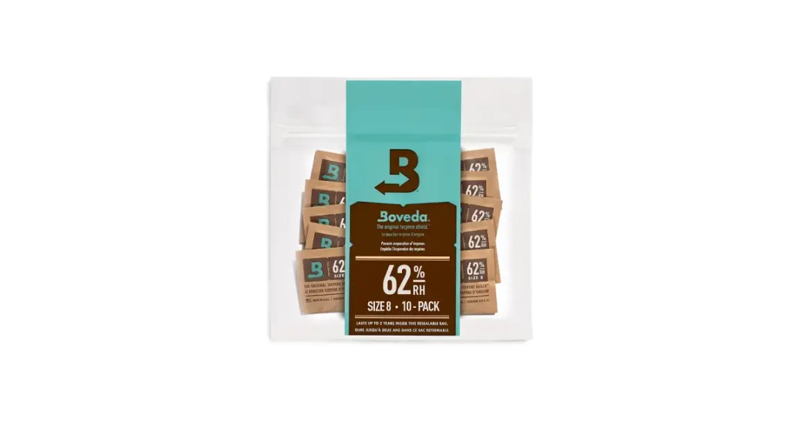 Confezione da 10 bustine Boveda 62% RH, Size 8, per mantenere l'umidità ideale.