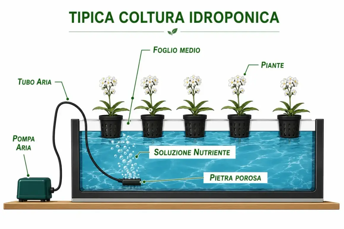 Sistema idroponico con piante in vasi a rete immersi in soluzione nutriente. Pompa aria e pietra porosa ossigenano l'acqua, favorendo la crescita sana delle piante.