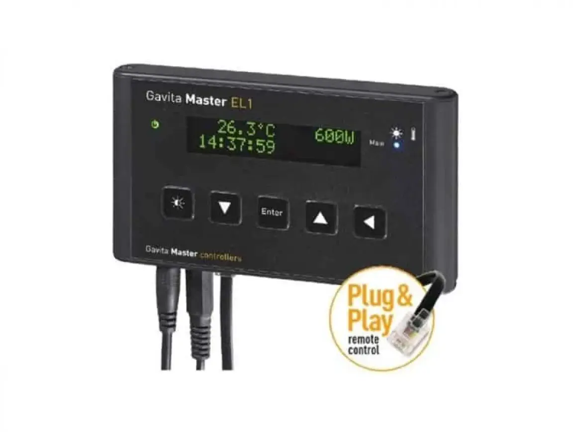Un controller Gavita Master EL1, con display digitale che mostra temperatura e ora, pulsanti di controllo e cavi. Ideale per la gestione remota.