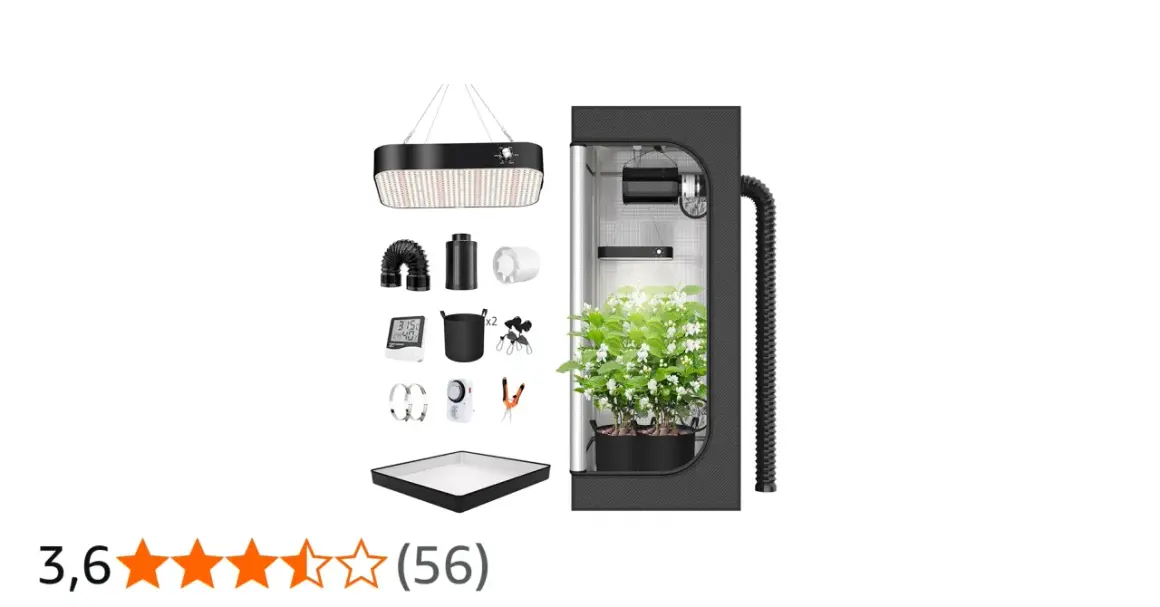 Kit per coltivazione indoor: tenda, lampada LED, ventilatore, filtro, timer, forbici e accessori. Tutto pronto per un eazy plug.