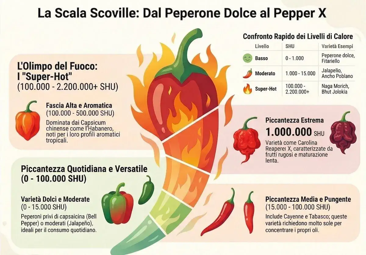 La Scala Scoville illustra la piccantezza dei peperoncini, dal dolce al super-hot, con esempi visivi e livelli di calore.