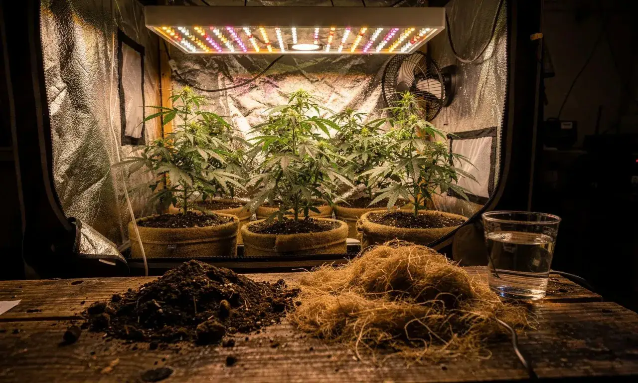 Piante di cannabis in crescita sotto luci LED in una grow box. Sul tavolo, terra, fibra di cocco e un bicchiere d'acqua, ingredienti essenziali per la coltivazione, magari con un tocco di Atami.