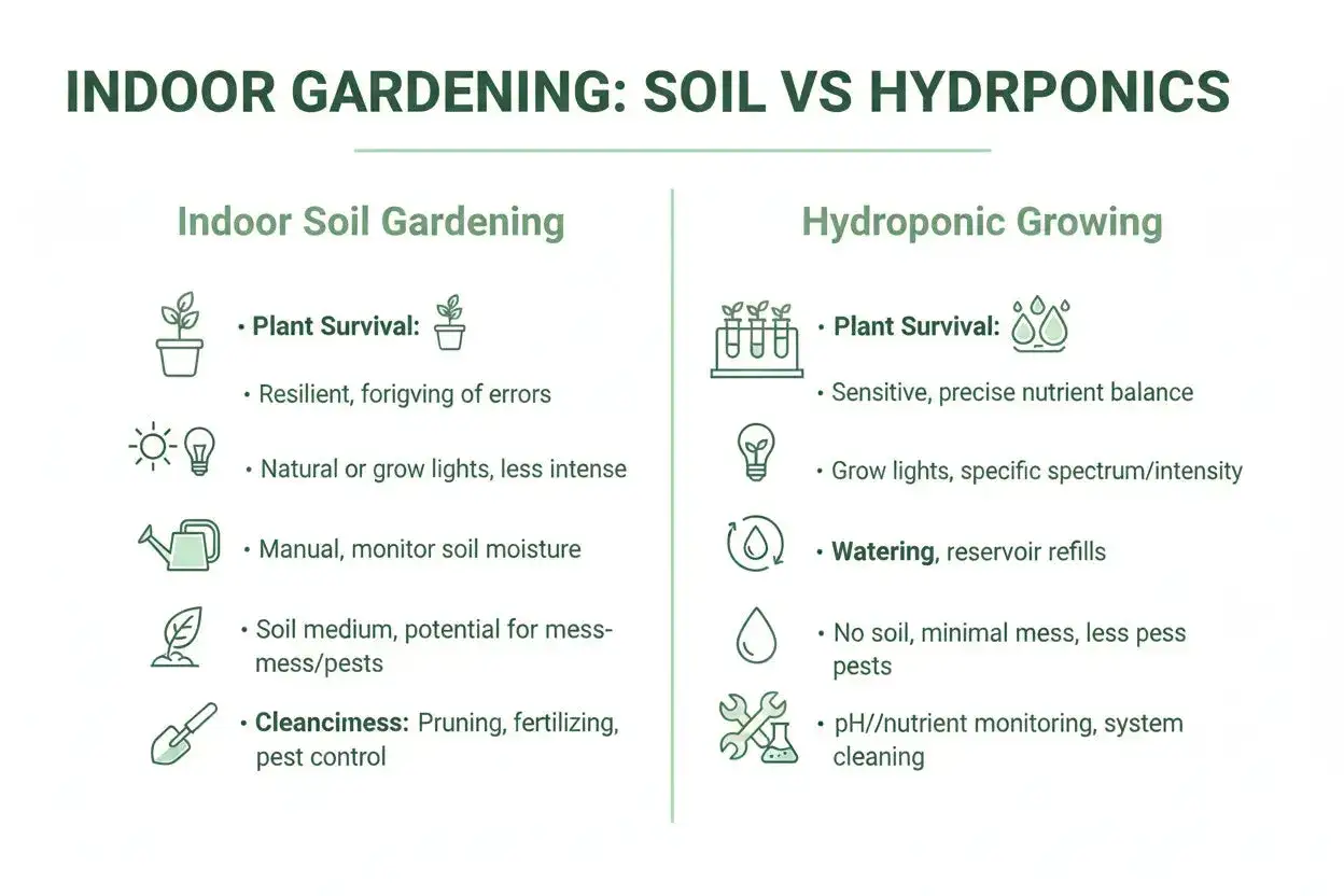 Confronto tra giardinaggio indoor con terra e idroponico. La terra &egrave; pi&ugrave; resiliente, l'idroponica richiede un equilibrio preciso dei nutrienti.