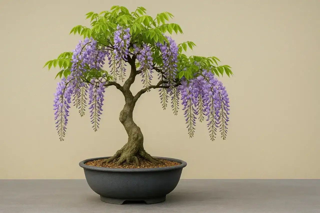 Un bonsai di glicine in fiore, con cascate di fiori viola e foglie verdi, sembra un piccolo albero magico che emerge dalla terra flores.