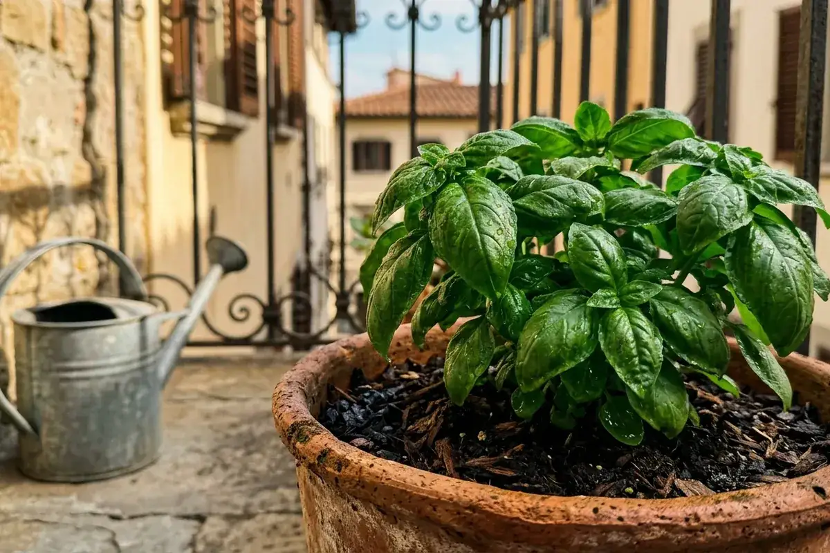 Un vaso di basilico rigoglioso, bagnato da una pioggia leggera, attende la giusta esposizione al sole sul balcone. Accanto, un'annaffiatoio d'epoca.