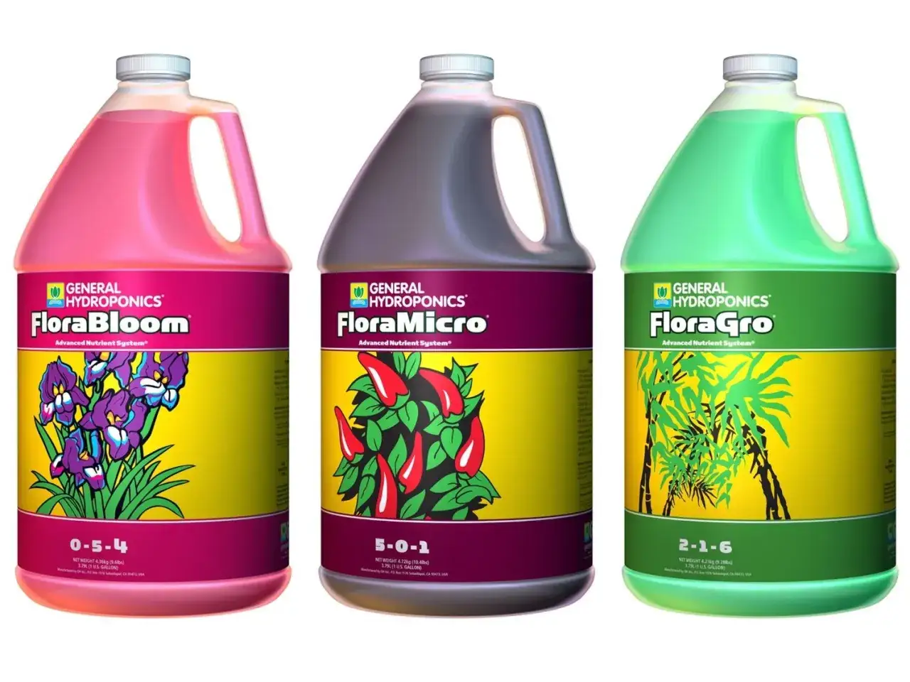 Tre flaconi di fertilizzanti idroponici General Hydroponics: FloraBloom, FloraMicro e FloraGro, un sistema tripart per la crescita delle piante.