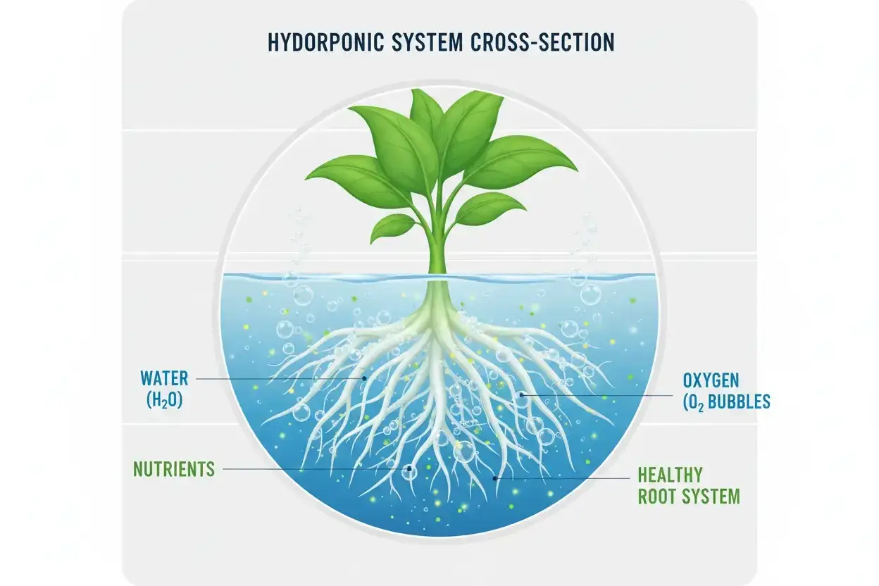 Illustrazione di un sistema idroponico che mostra come respirano le piante: radici immerse in acqua con ossigeno e nutrienti.