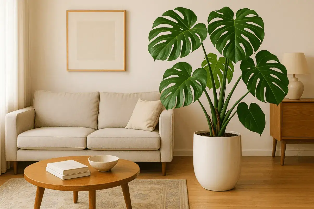 Un soggiorno accogliente con un divano beige, un tavolino in legno e una rigogliosa monstera piccola che porta un tocco di natura.