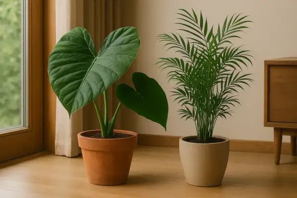 Due piante tropicali da interno: una con grandi foglie a cuore, l'altra con fogliame simile a una palma.