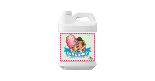 Flacone bianco con etichetta "Bud Candy" e un bambino che mangia zucchero filato. Un mix di carboidrati per grandi raccolti.