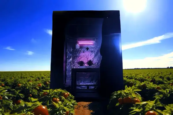 Un flexi tank, una serra portatile, si erge in un campo di pomodori sotto un cielo azzurro.