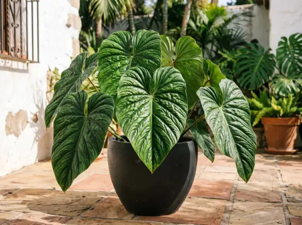 Un rigoglioso philodendron tortum con foglie verdi profonde e venature evidenti, in un vaso nero su un patio di terracotta.