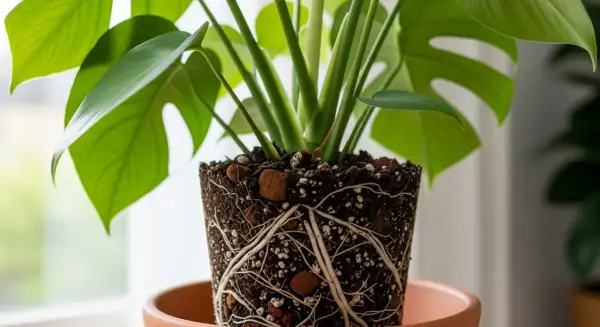 Radici sane e vigorose di una Monstera deliciosa che spuntano dal vaso, pronte a nutrirla per farla crescere rigogliosa.