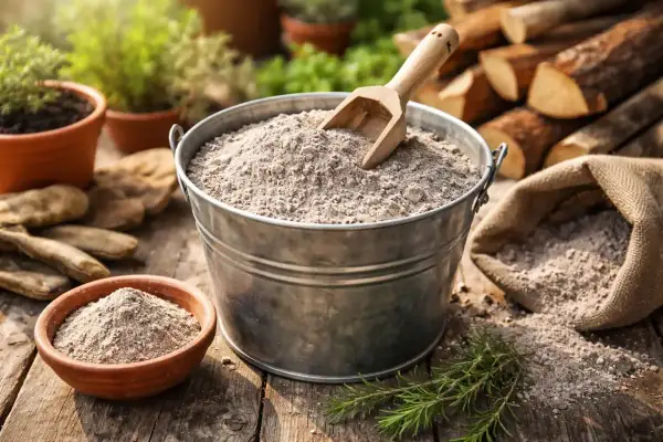 Un secchio di cenere, un fertilizzante naturale, pronto per nutrire le tue piante. La cenere fa bene alle piante, arricchendo il terreno.