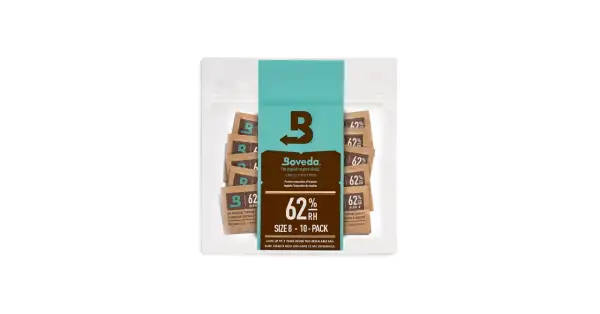 Confezione da 10 bustine Boveda 62% RH, Size 8, per mantenere l'umidità ideale.