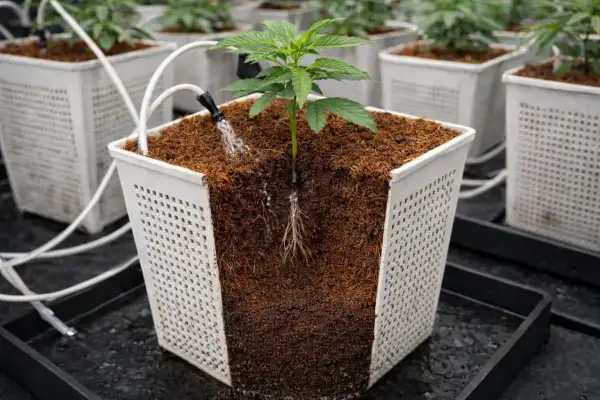 Piantina in vaso con sistema di irrigazione a goccia. Il substrato è composto da fibra di cocco, ideale per la crescita sana delle radici.
