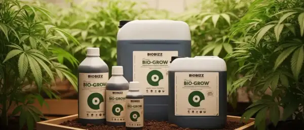 Bottiglie e taniche di fertilizzante BIOBIZZ BIO-GROW in un ambiente con piante verdi. Un light mix per la crescita.